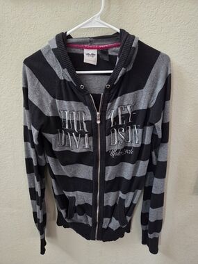 Harley-Davidson Black & Gray Striped Zip Hoodie with Embroidered Logo